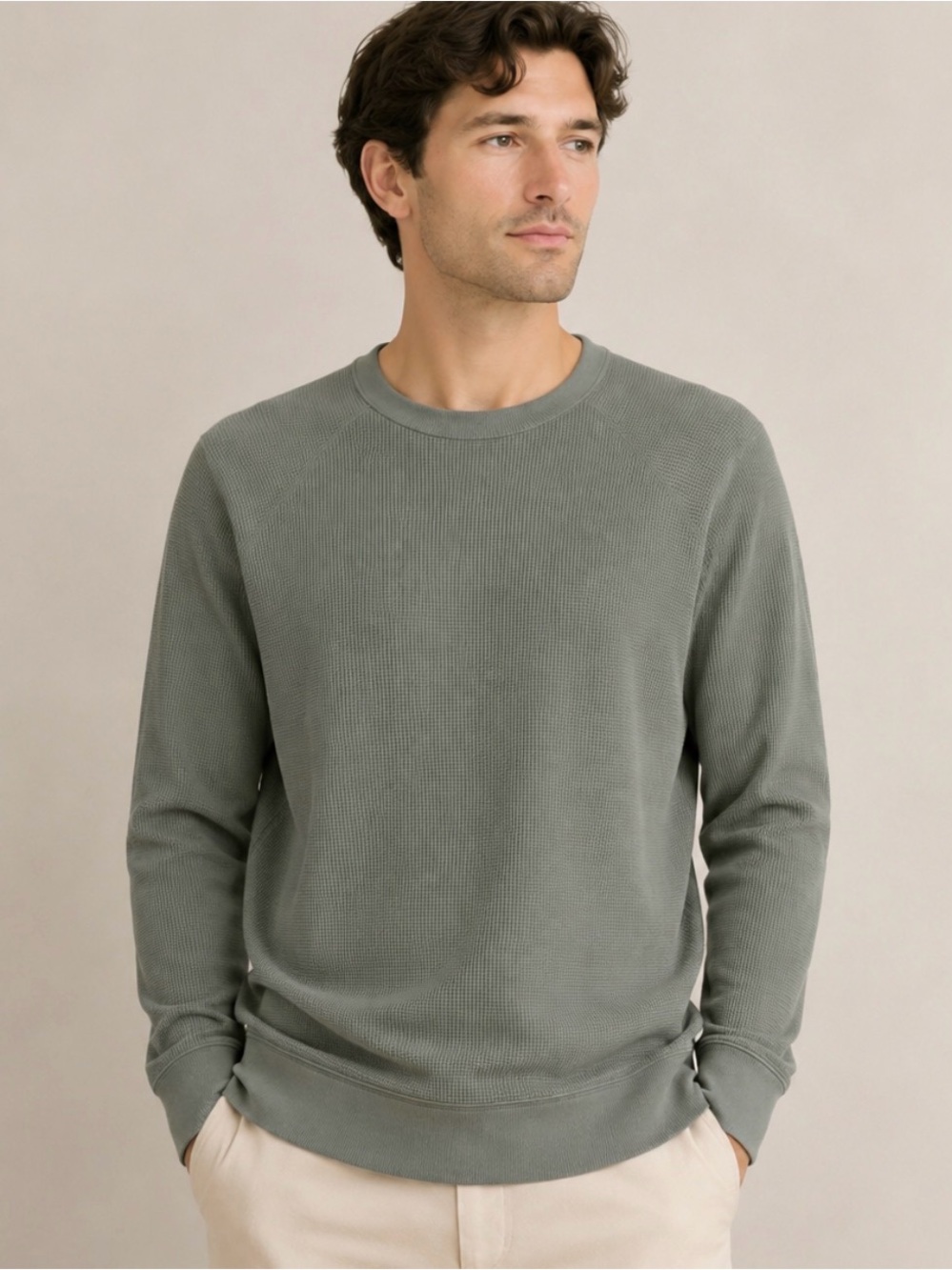 Everlane Men’s Waffle Knit Long Sleeve organic cotton Crewneck sage green Small